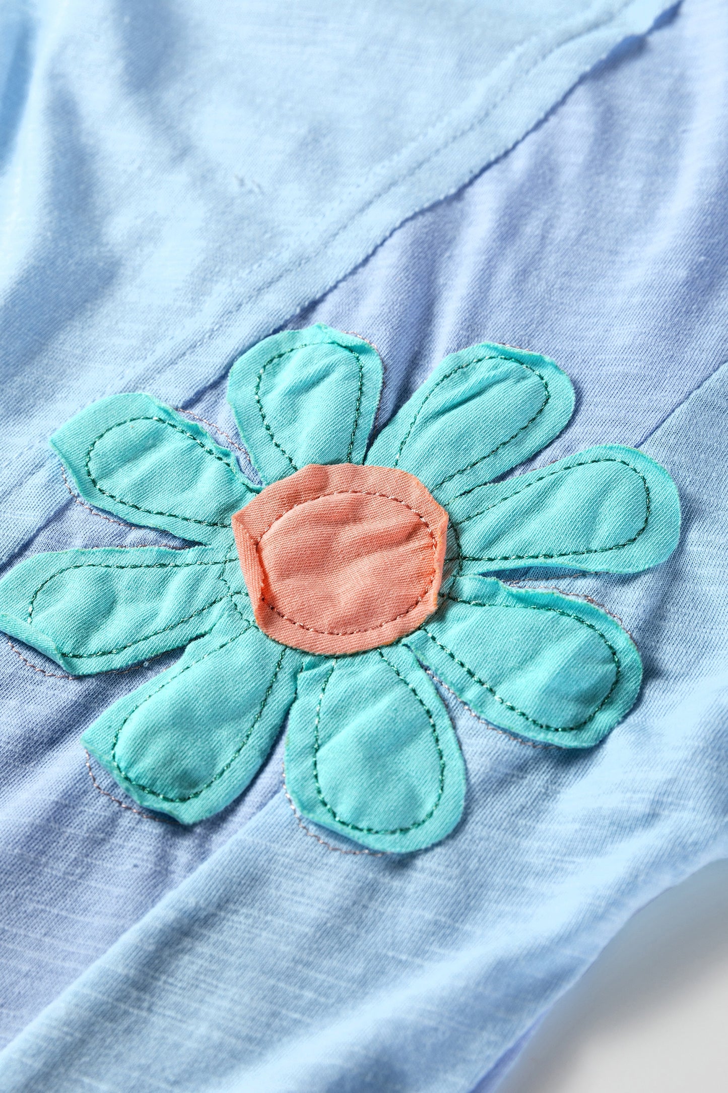 Light Blue Flower Patched Exposed Seam Bracelet Sleeve Oversized T Shirt