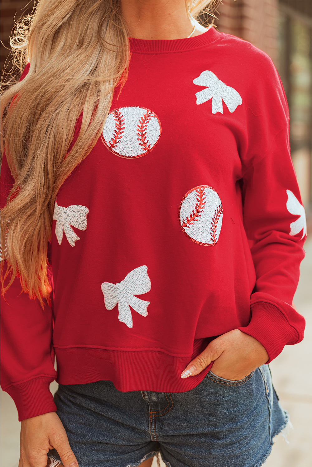 Red Sequin Baseball Bow Patched Pattern Game Day Pullover Sweatshirt