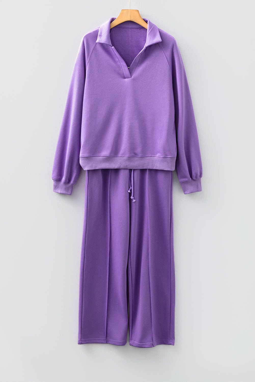 Wisteria Solid Color Collared Pullover and Central Seam Pants Set