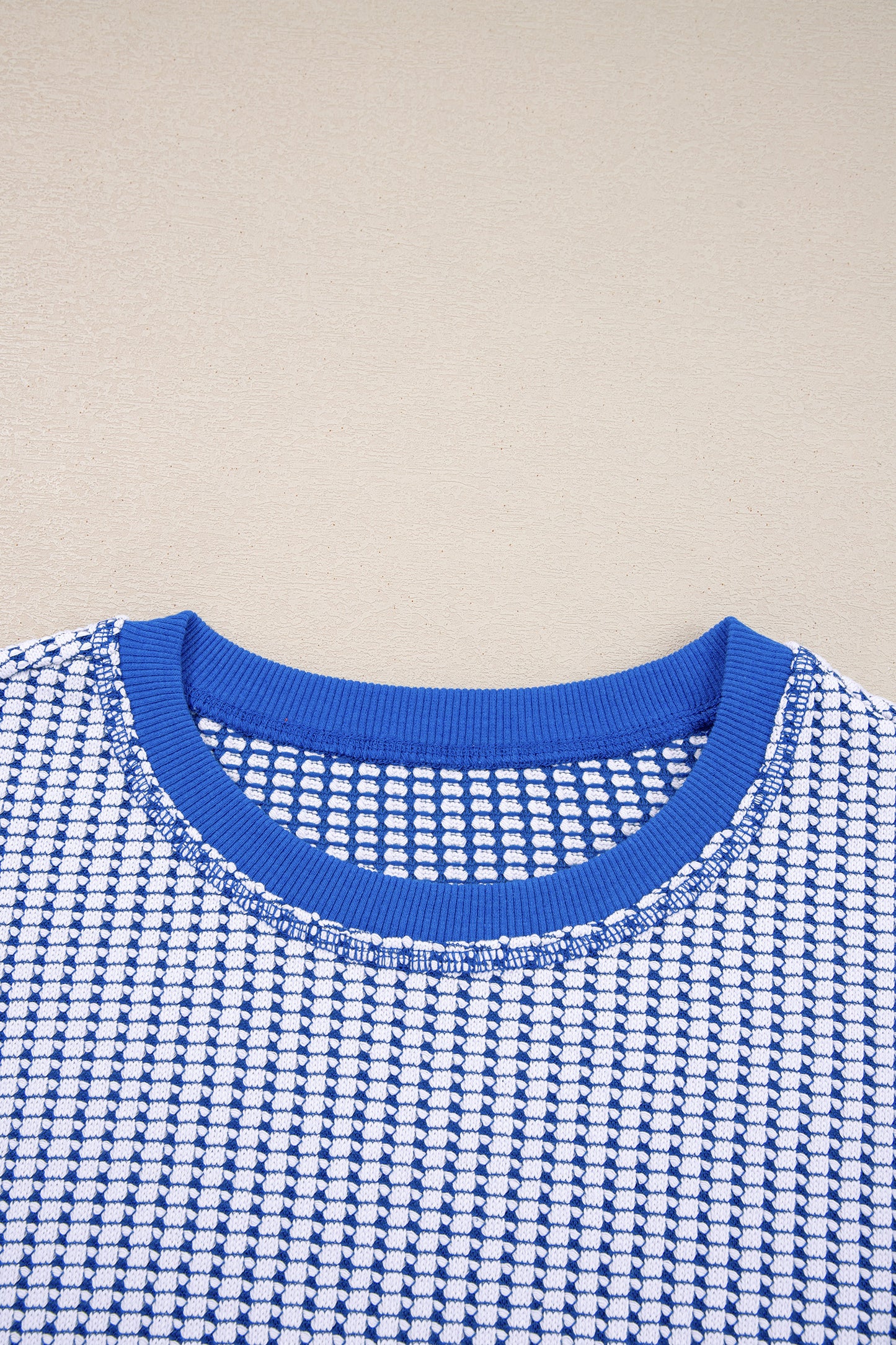 Dark Blue Waffle Knit Exposed Stitching Casual Top with Side Slits