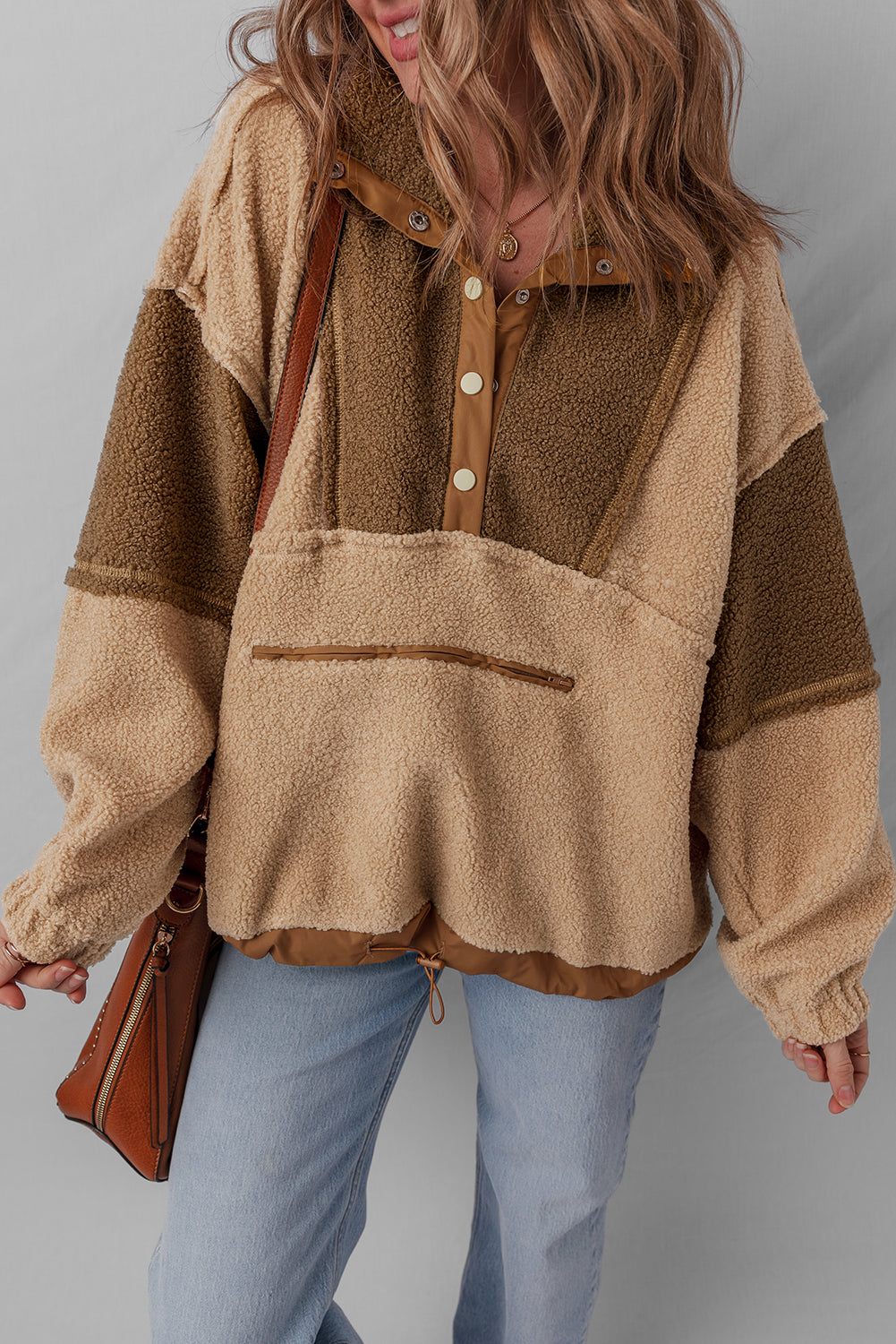 Straw Yellow 2-tone Color Block Patchwork Half Button Sherpa Sweatshirt