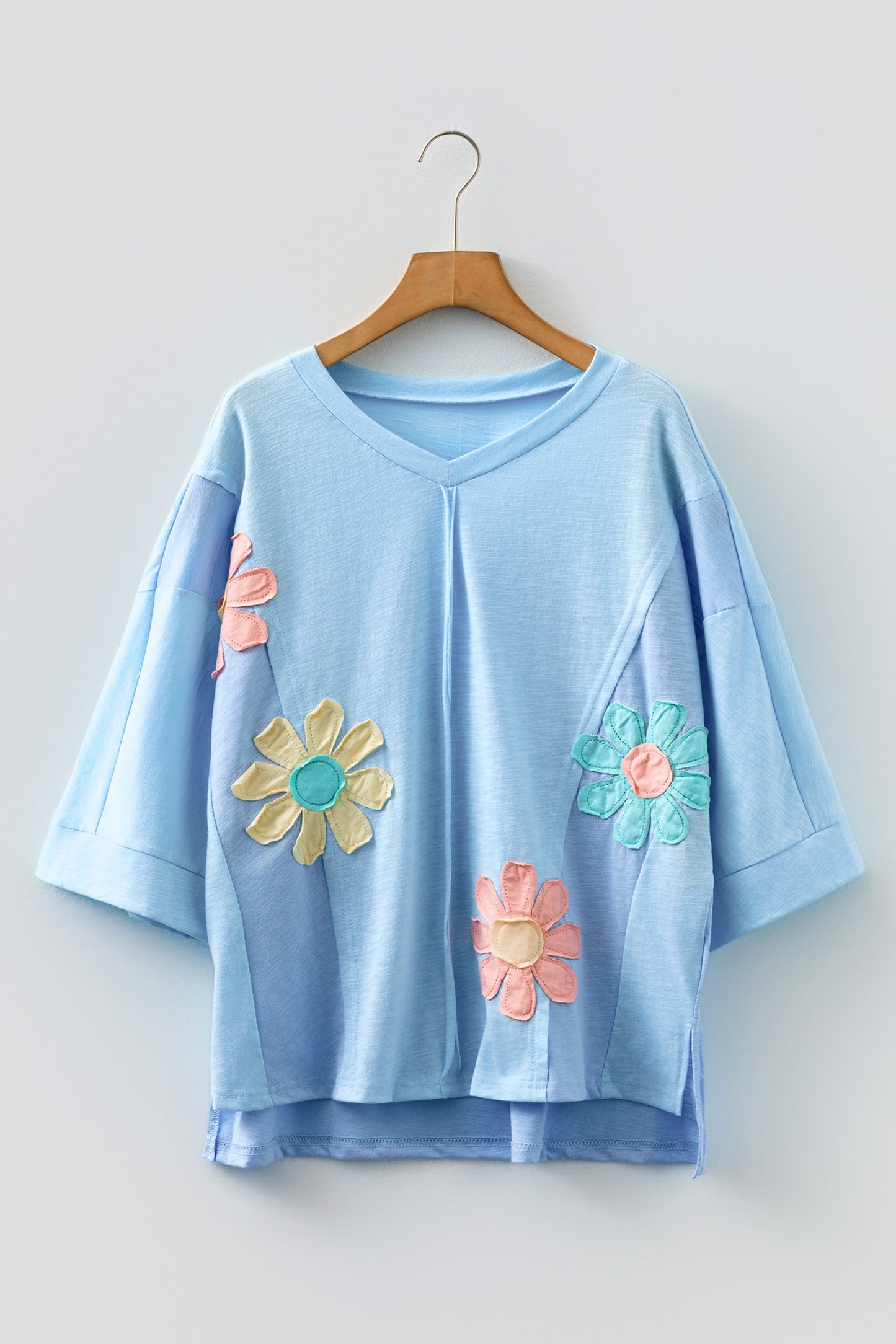 Light Blue Flower Patched Exposed Seam Bracelet Sleeve Oversized T Shirt