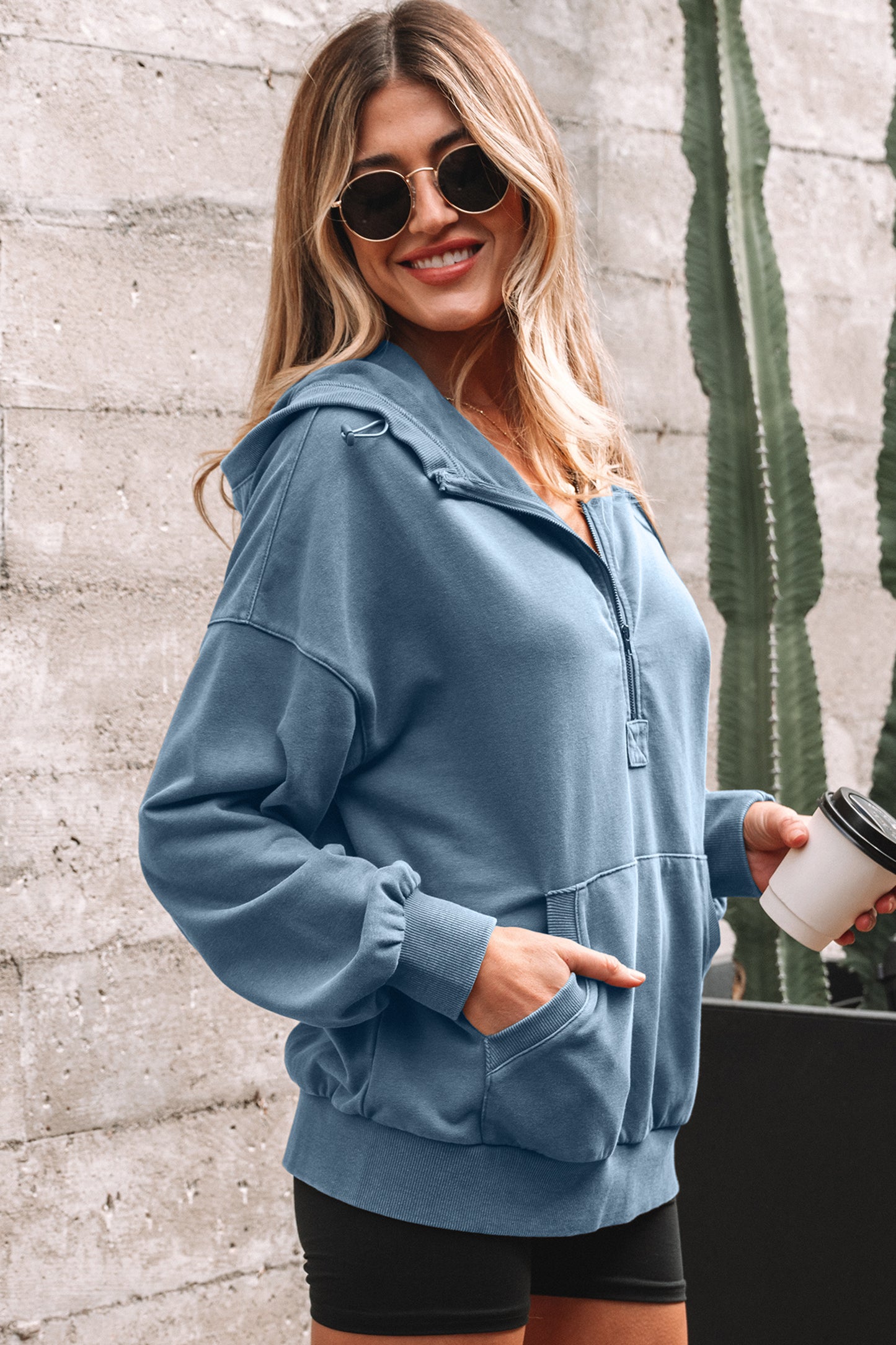 Ashleigh Blue Half Zip Kangaroo Pocket Mineral Wash Baggy Hoodie