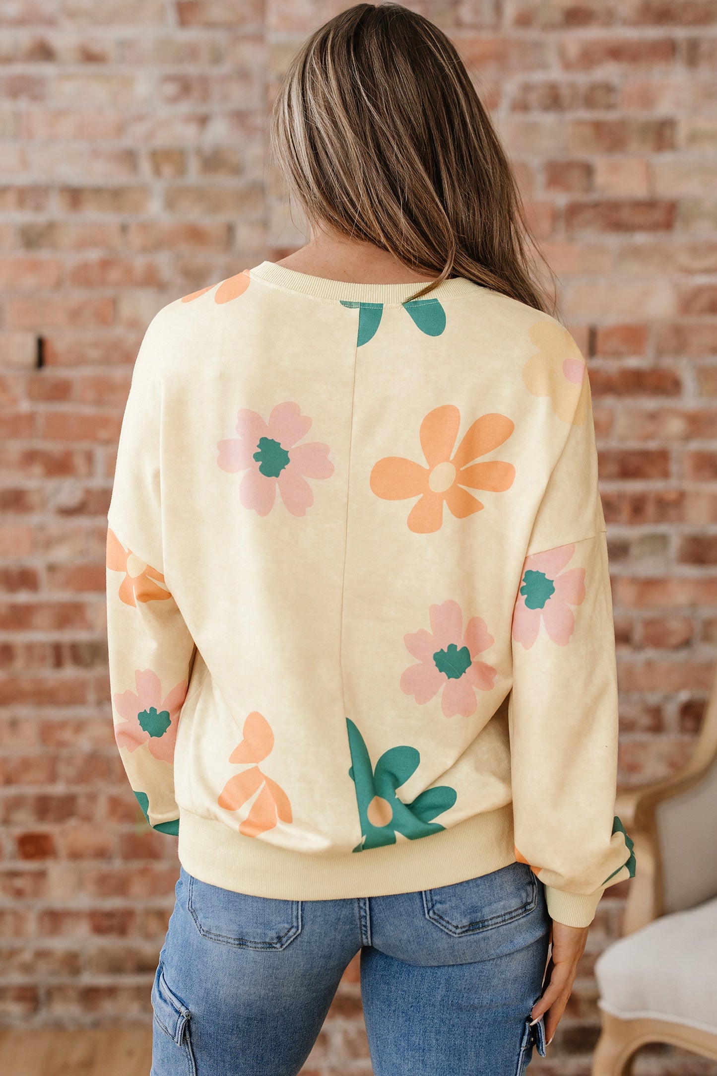 Khaki Mineral Washed French Terry Flower Print Sweatshirt